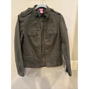 Du Jour Womens XS Olive Green Military Utility Jacket Brass Buttons Open Front